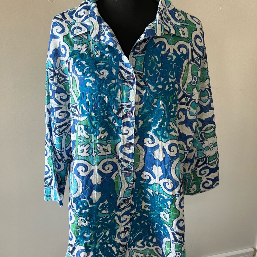 Antica Sartorial embroidered Women's Blue and Green Patterned Blouse